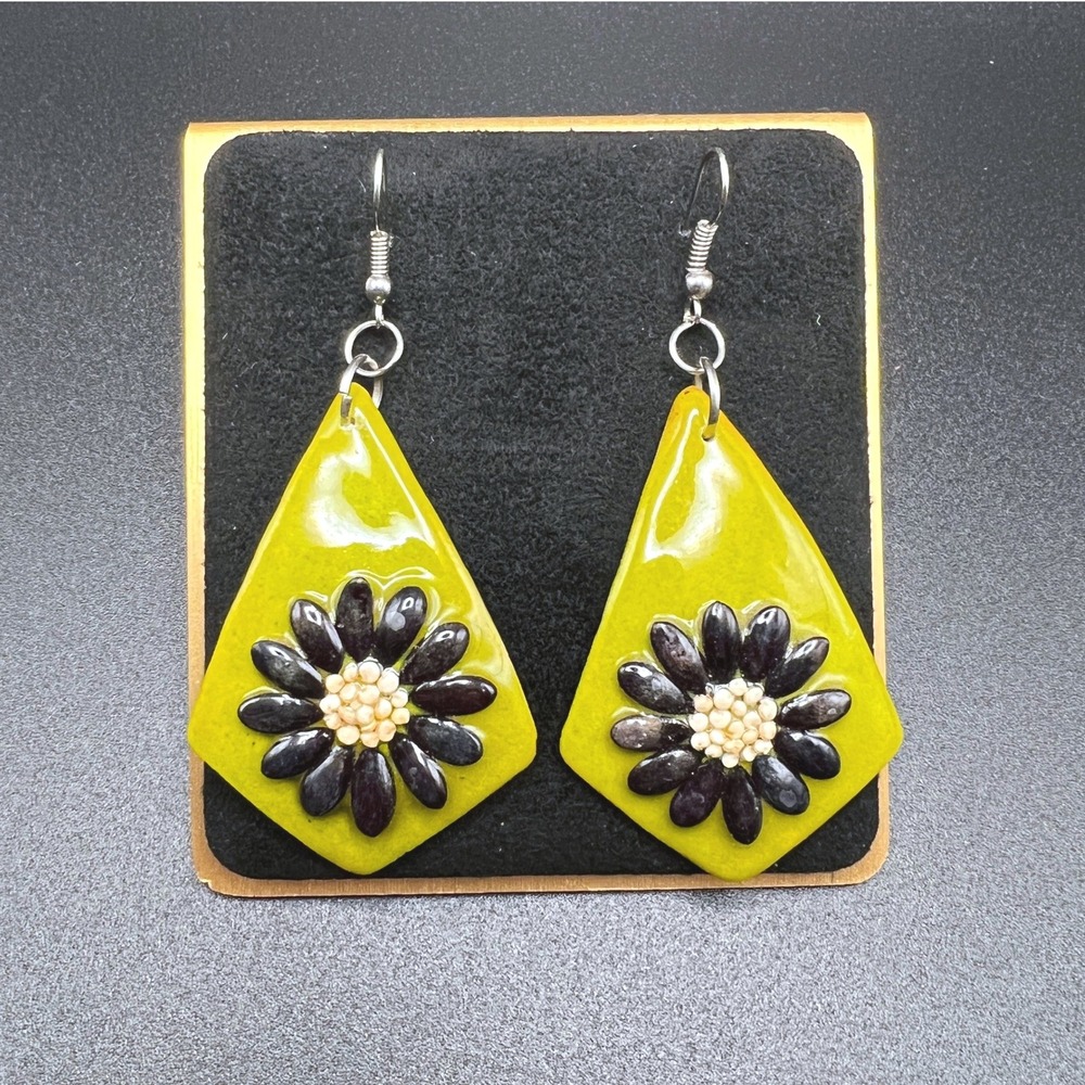 Floral Earrings Green Black Floral Folk‎ Seed Art Geometric Boho Cottagecore